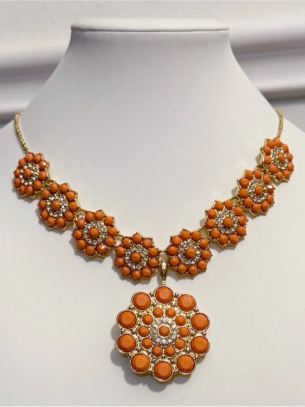 Premier Designs “Peachy Keen” Gold-Tone Orange Floral Statement Necklace